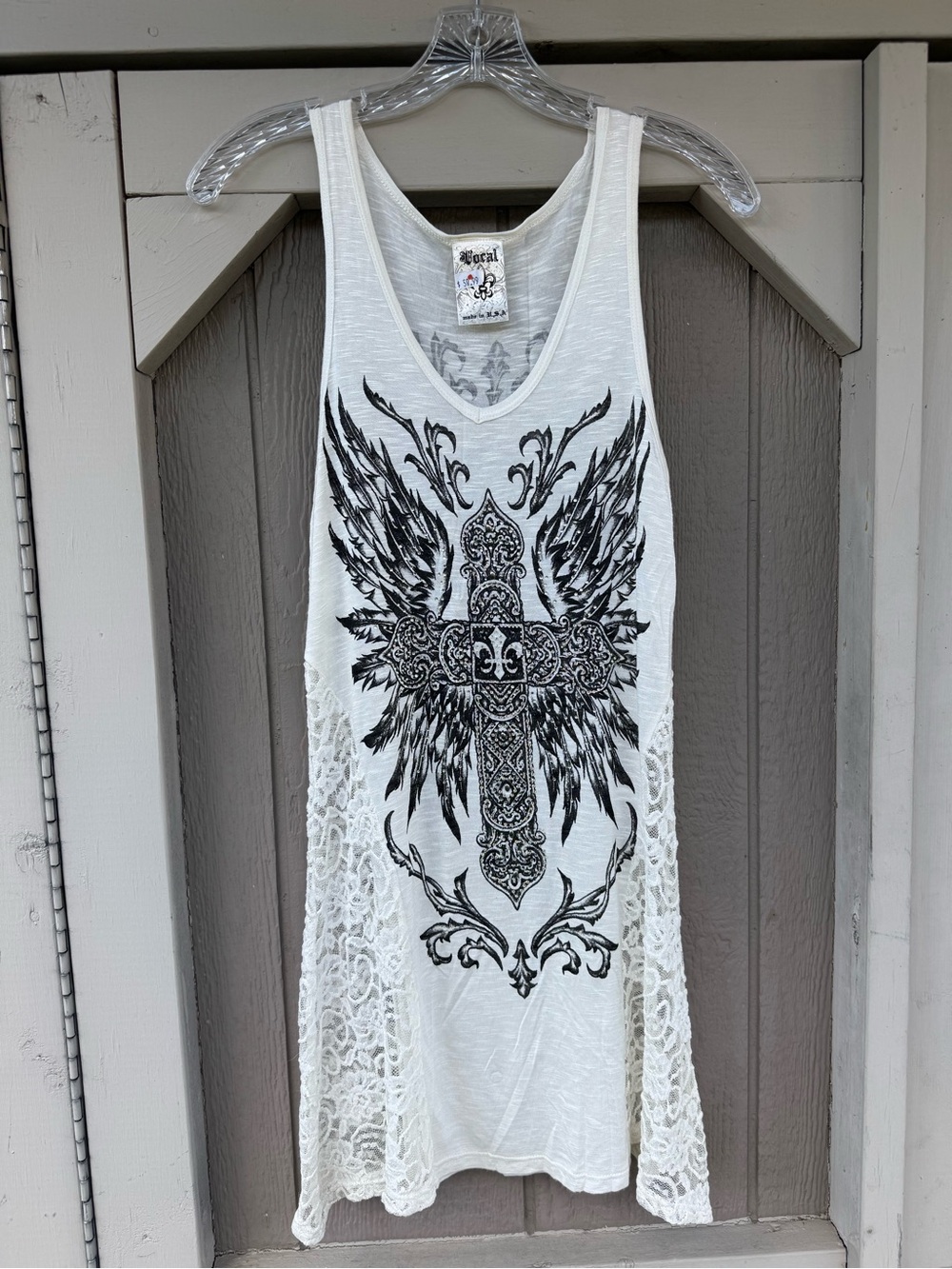 Vocal White Tank with Black Winged Cross Graphic and Lace Sides